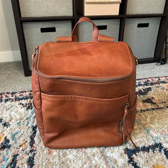 Azaria Luxe La Mère Backpack Grand Brown Leather Baby Diaper Bag - Picture 2 of 13